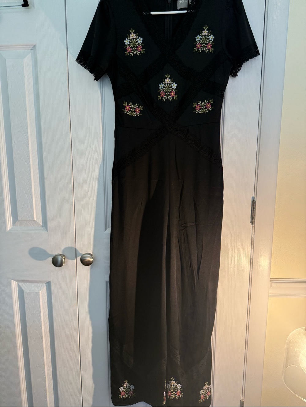 Black Satin Embroidered V-Neck Jumpsuit